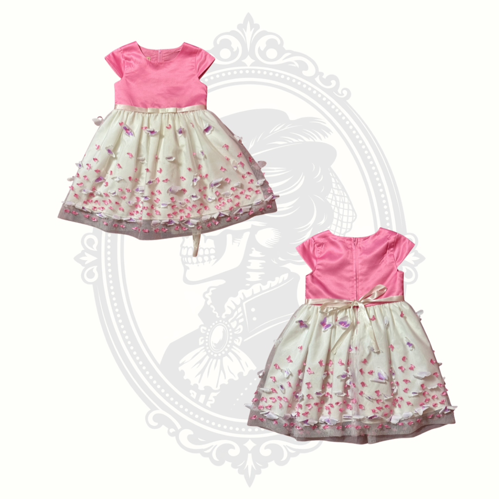 Two instances of a pink and white dress with floral pattern on a decorative white background.