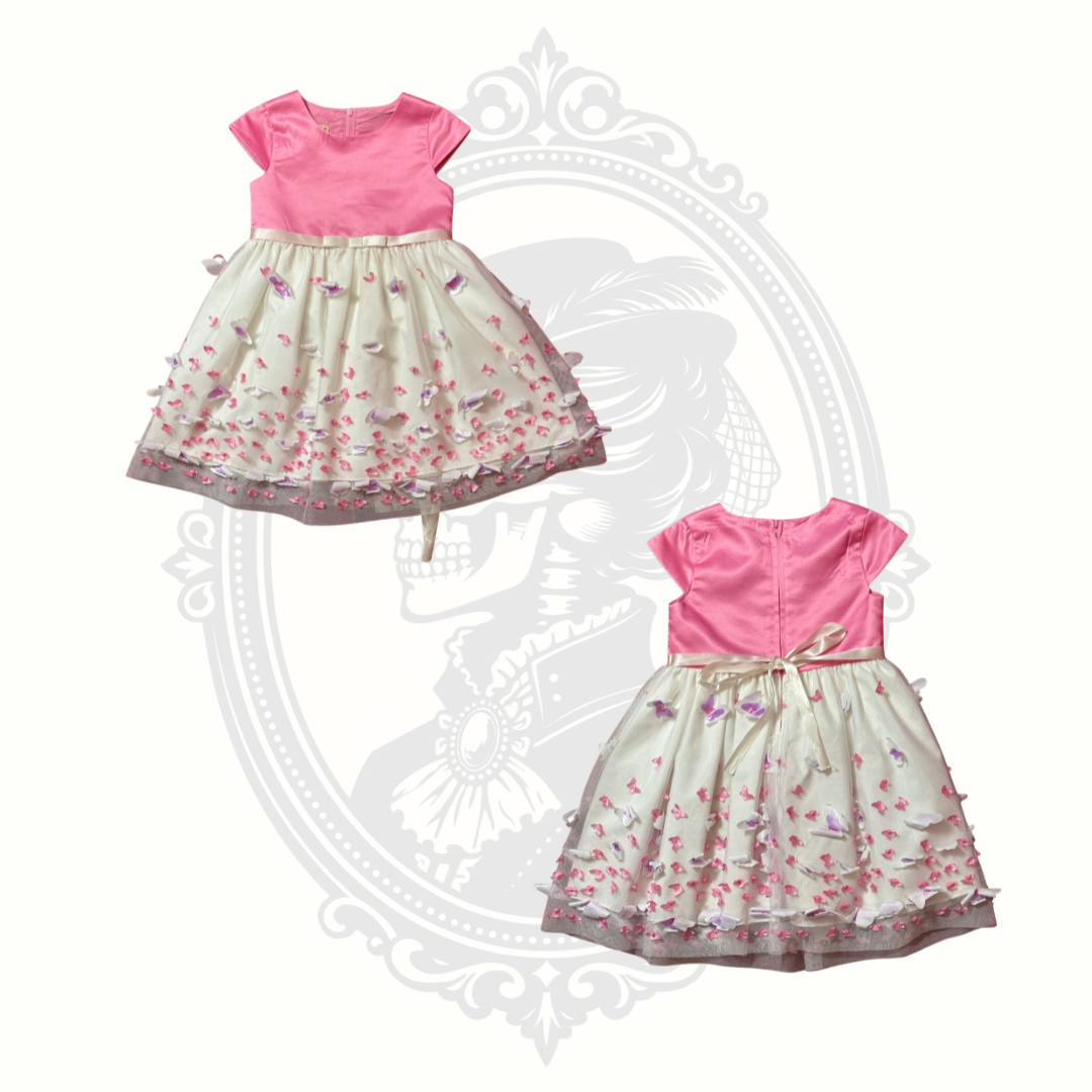 Two instances of a pink and white dress with floral pattern on a decorative white background.