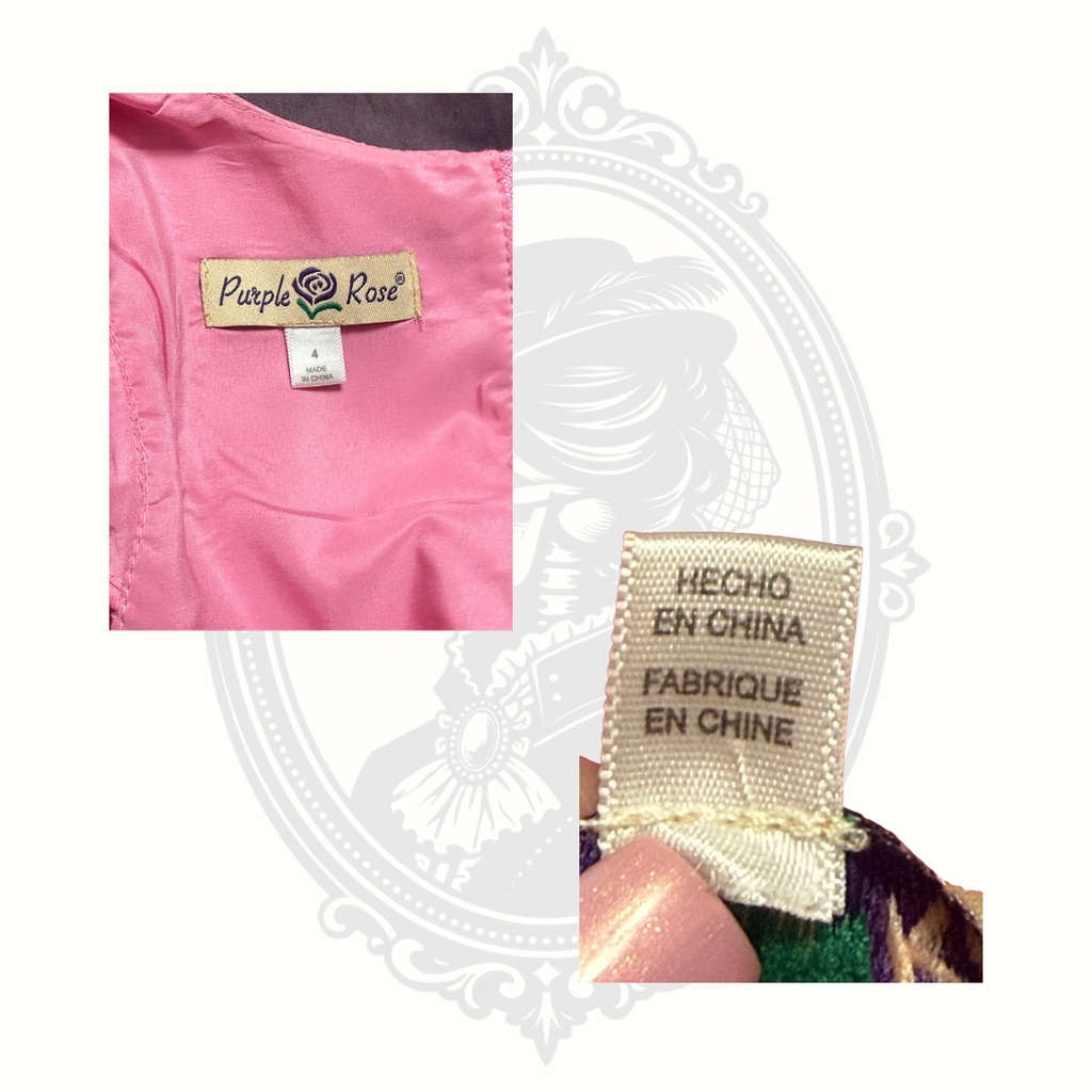 Close-up of a 'Purple Rose' label on pink fabric and a 'Made in China' label on multicolored fabric.