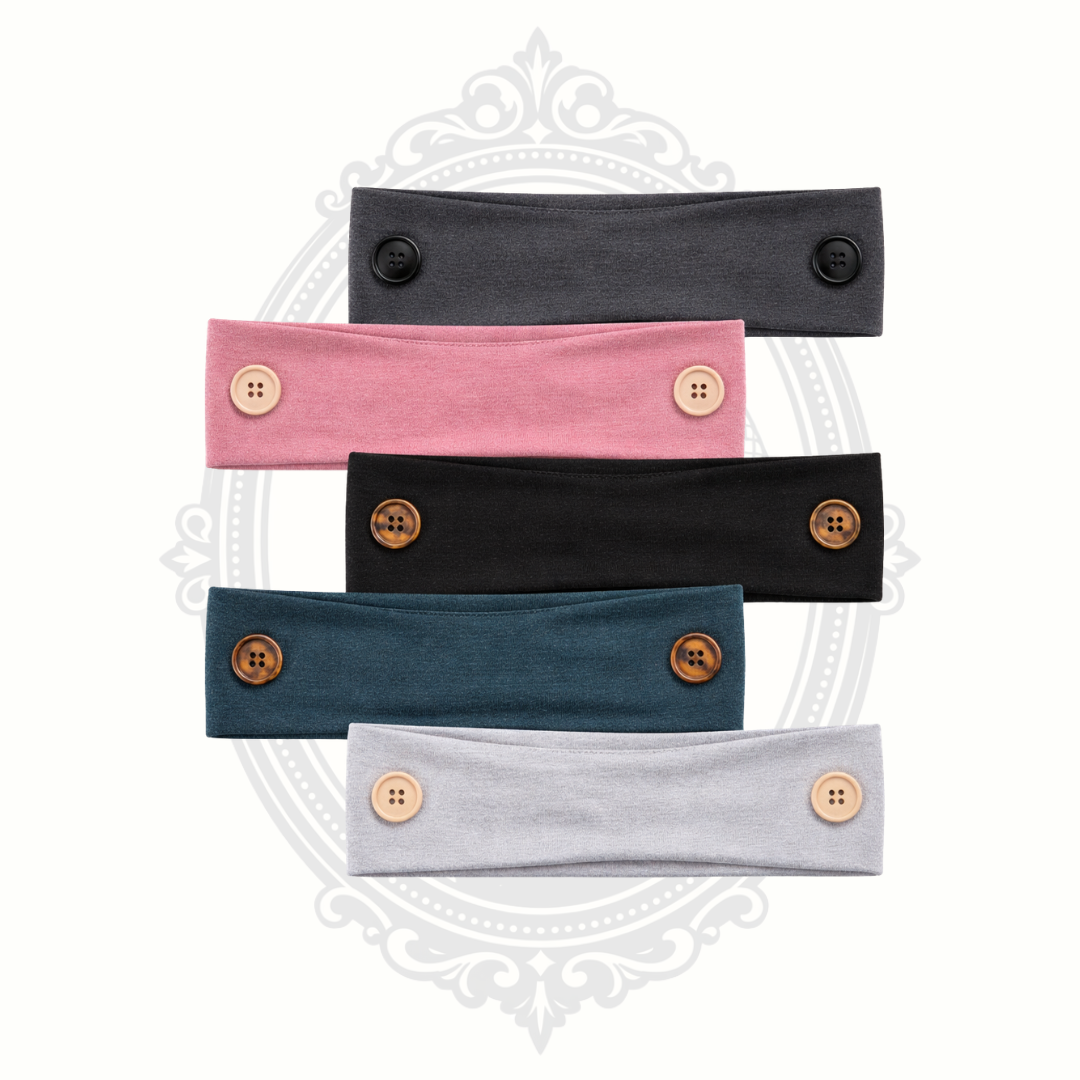 Set of soft stretch button headbands in assorted colors designed for comfortable all-day wear and mask support