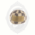 Checkered plush ball-style dog toy with soft fabric and decorative patch detail