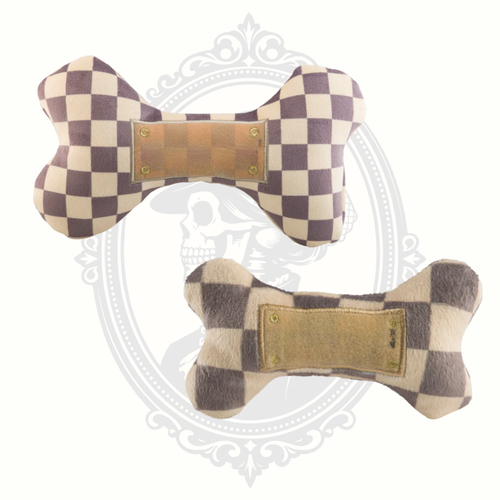 Set of two checkered plush bone dog toys in different shades with soft fabric and stitched accents