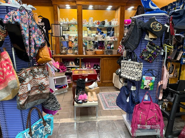 Mrs. Bones Curio Cupboard at The Rusty Crown, Booth 571, 2500 West Liberty Avenue, Pittsburgh, PA 15226, featuring handbags, vintage finds, jewelry, shoes, and curiosities.