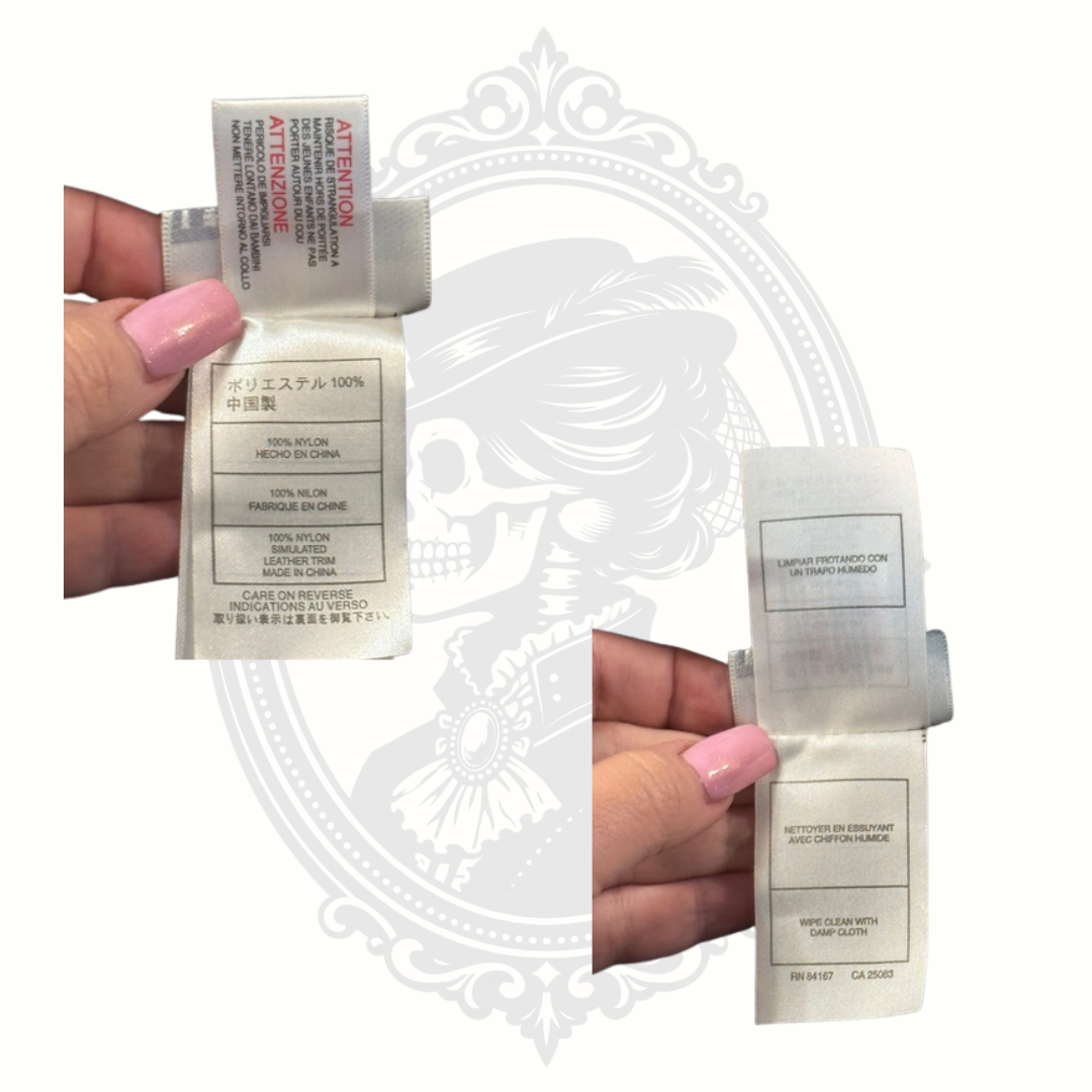 Fabric tag showing Walt Disney World bag material details including nylon composition and care instructions