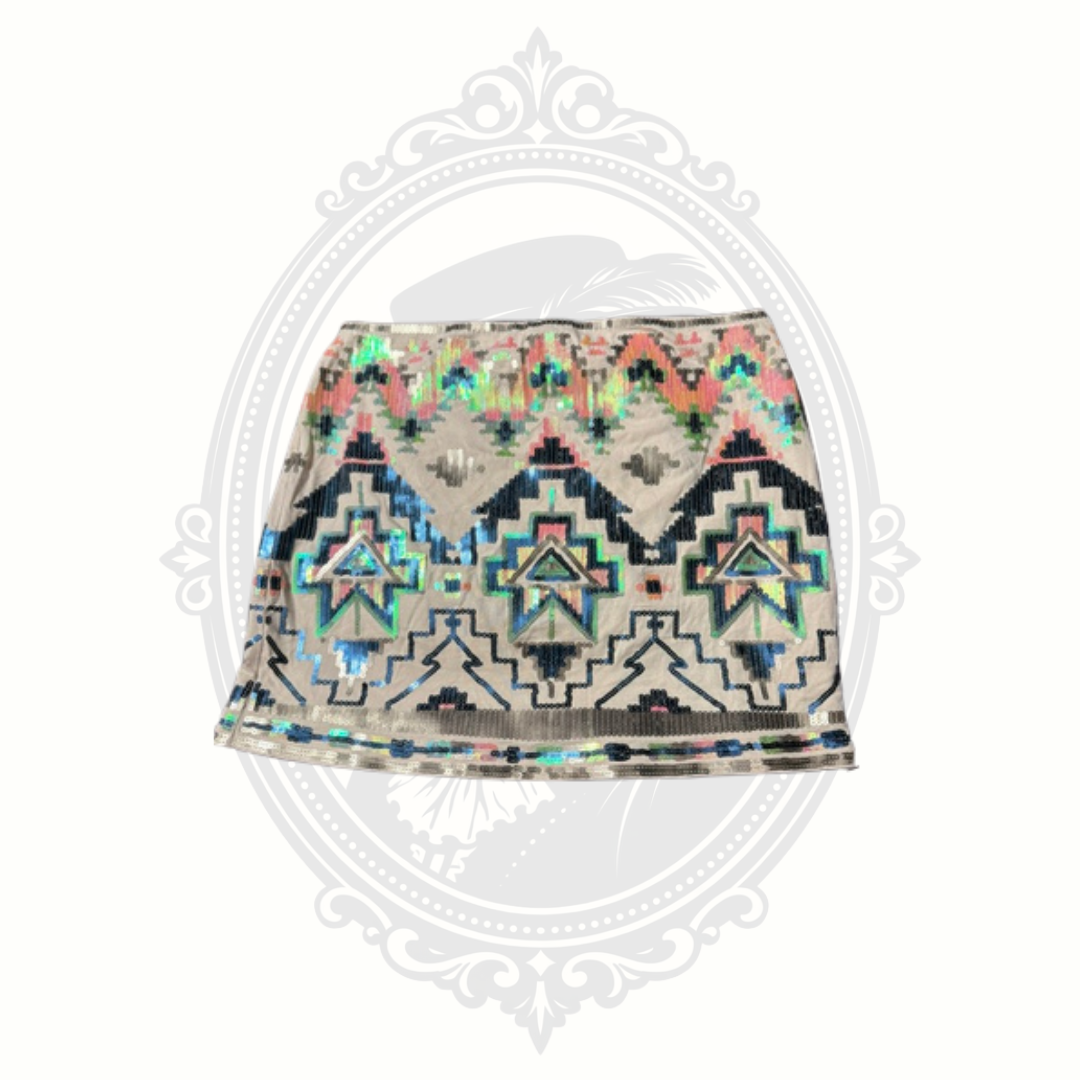Express mini skirt back view with aztec sequin pattern and metallic detailing