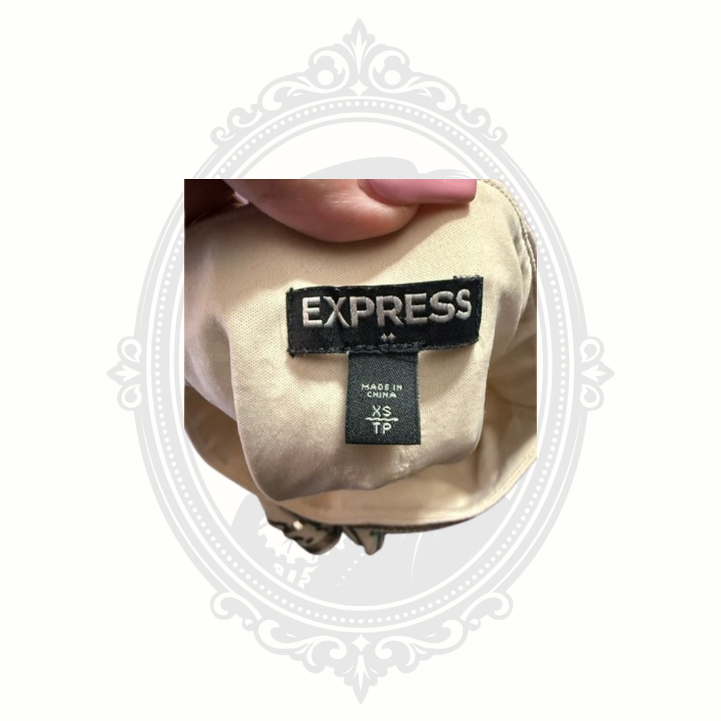 Express label showing size XS and brand tag inside skirt