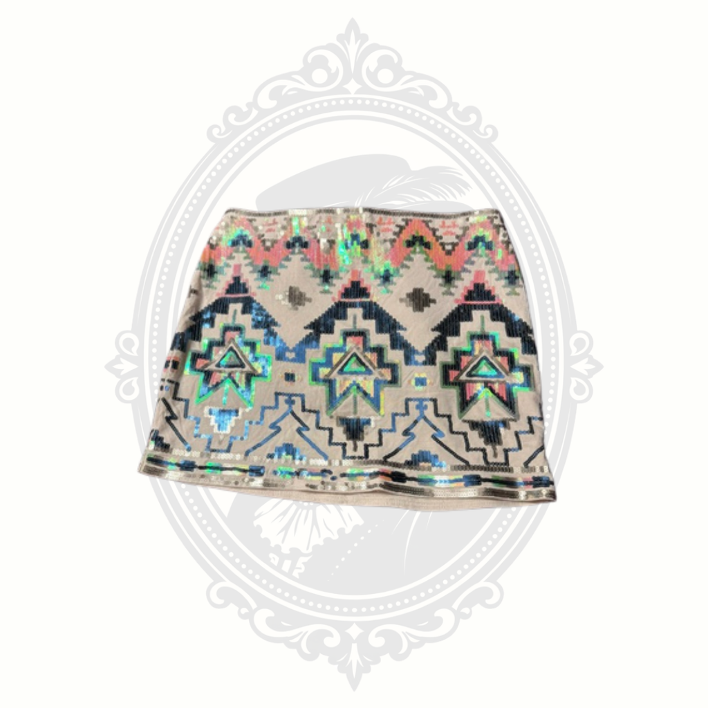 Express mini skirt front view with aztec sequin pattern and metallic detailing