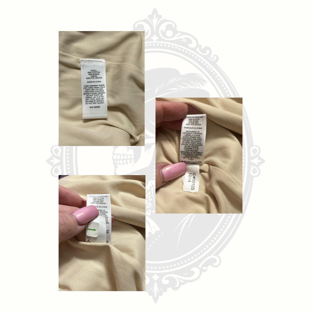 Fabric tag showing material composition and care instructions
