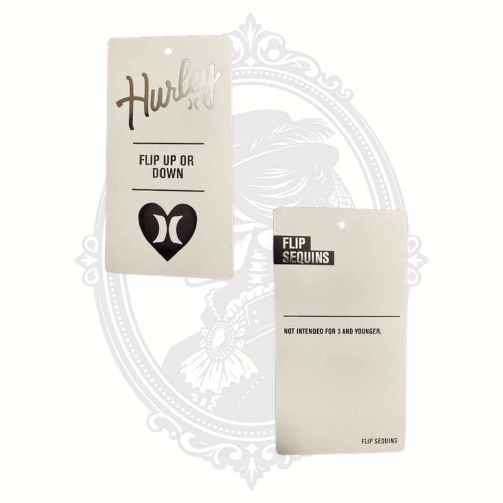 Hurley flip sequin tag and branding label close-up