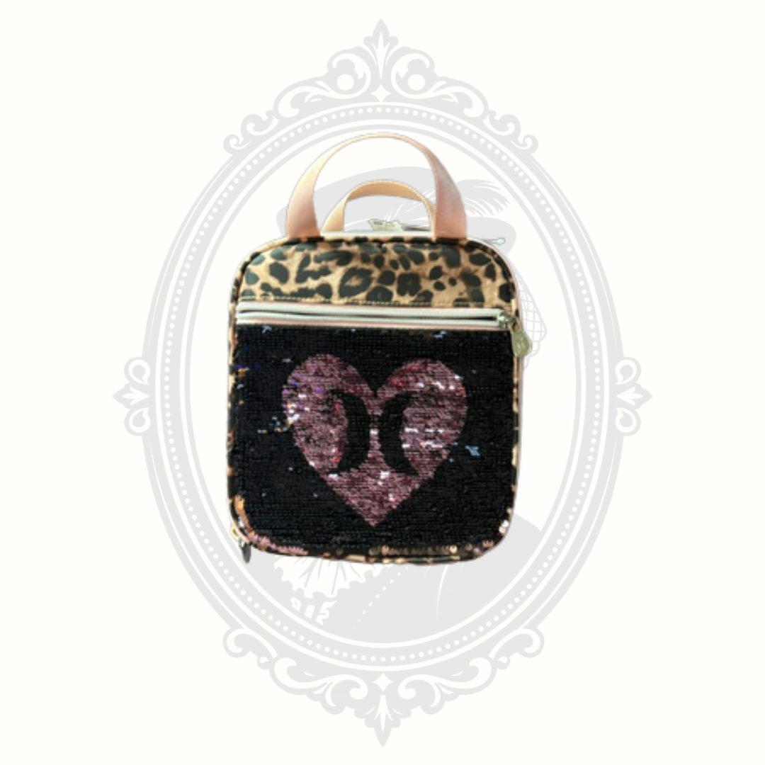 Hurley flip sequin leopard mini backpack front view with pink heart design