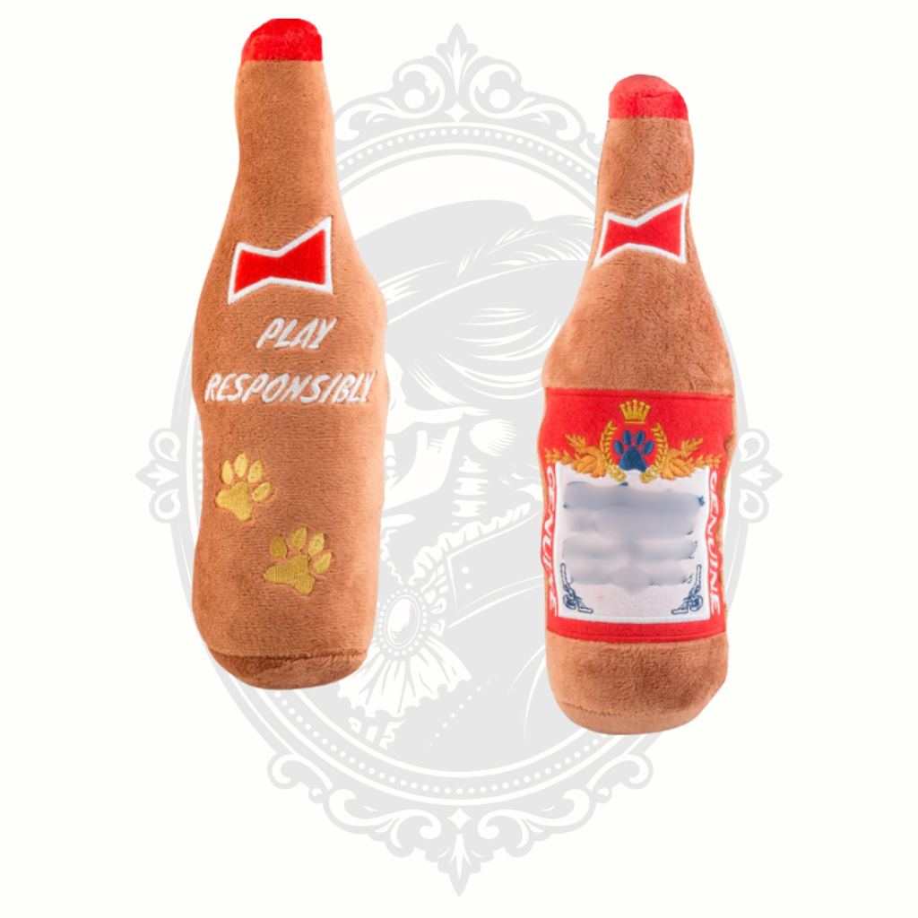 Plush beer bottle dog toy with embroidered text and soft squeaky design for interactive play