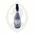 Plush champagne bottle dog toy in gray with embroidered label detail and soft squeaky design