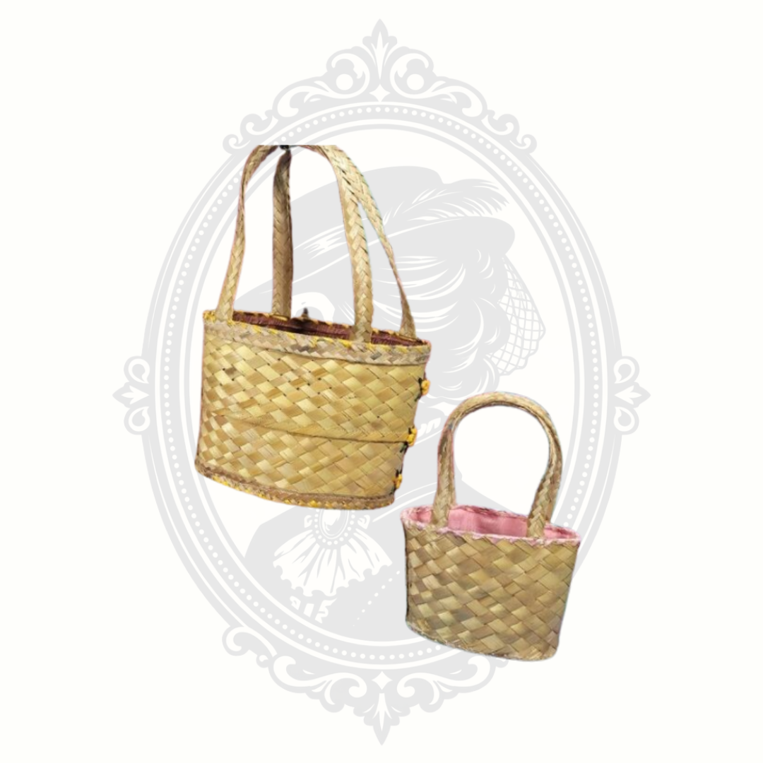 Set of two small woven baskets with natural finish and braided handles, one larger and one smaller