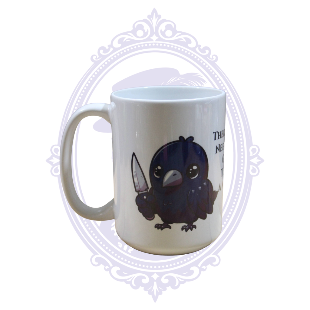 White ceramic coffee mug featuring a cute black crow holding a knife.
