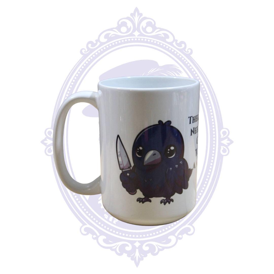 White ceramic coffee mug featuring a cute black crow holding a knife.