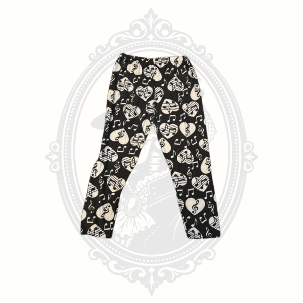 Black Music Note Heart Print Capri Leggings | Women's M/L Approx.