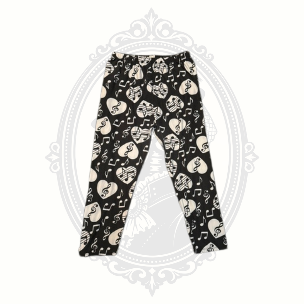 Black Music Note Heart Print Capri Leggings | Women's M/L Approx.