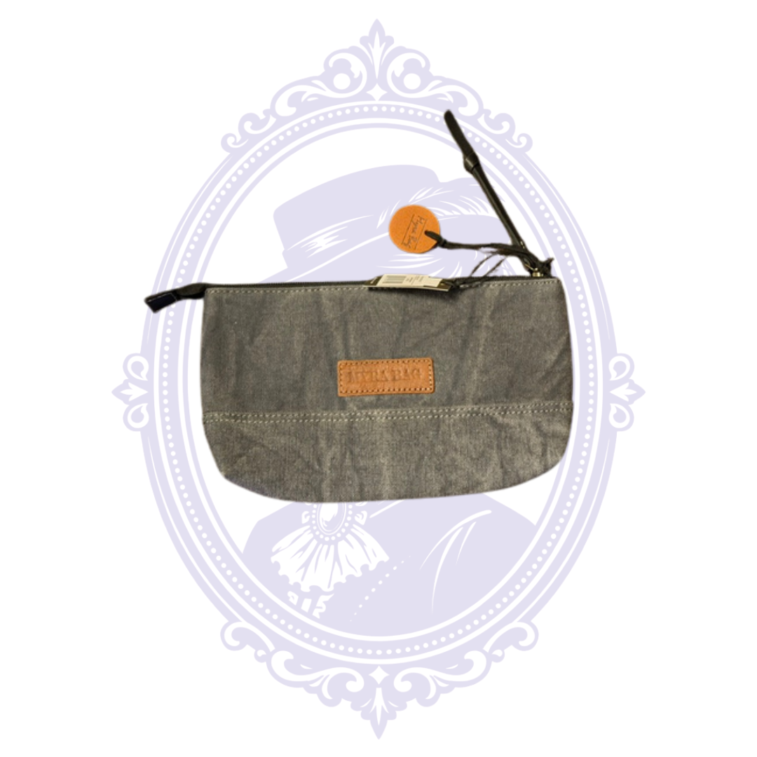 Back view of Myra Bag S-8130 floral canvas wallet pouch with charcoal fabric exterior and Myra Bag logo patch.