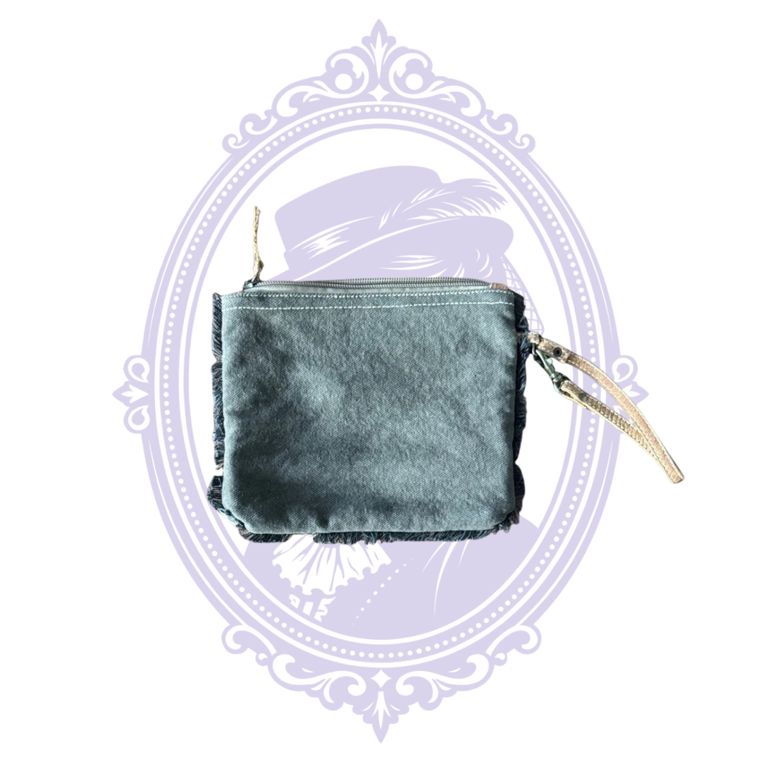 Back of Myra black and gray diamond wristlet with gray fabric panel, zipper and detachable wrist strap.