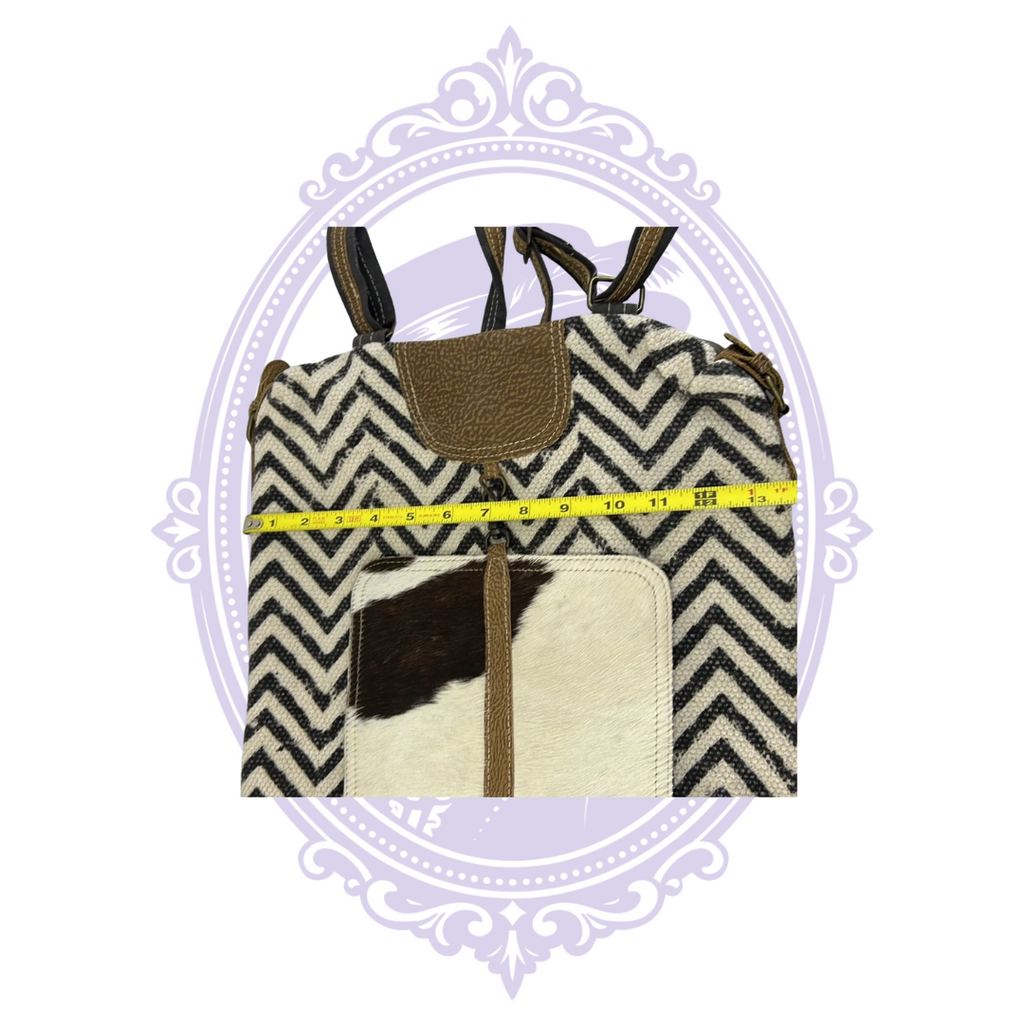 Close-up of Myra Frost backpack front clasp and textured trim