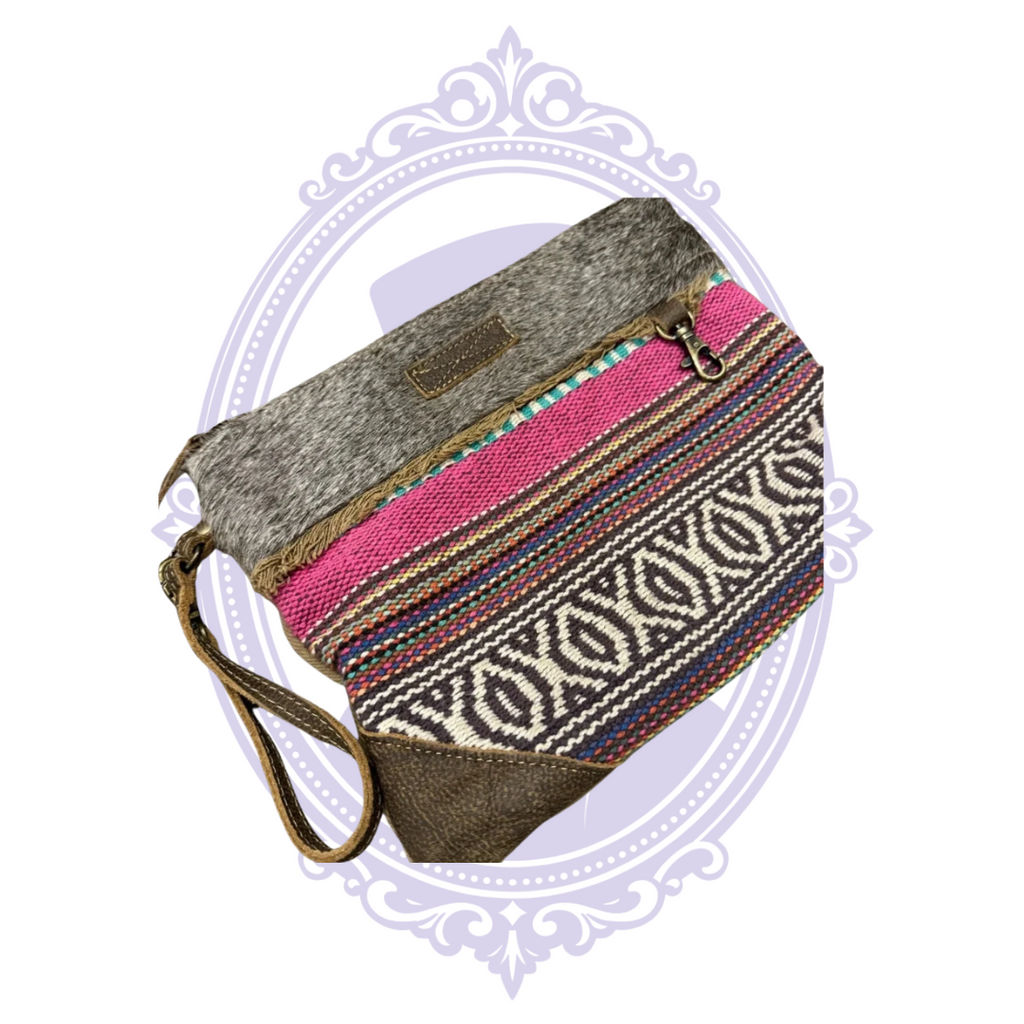 Angled front view of Myra gray pink woven wristlet