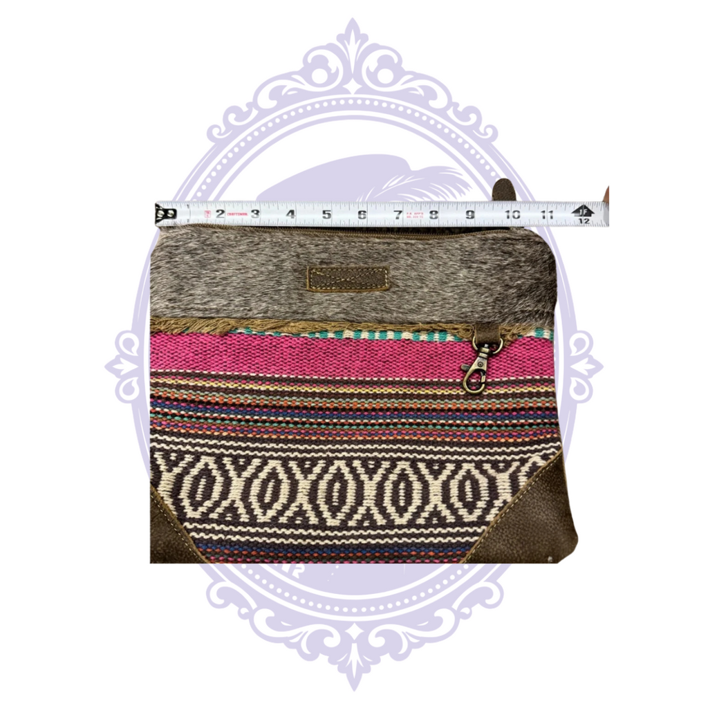 Myra gray pink wristlet front with tape measure showing width