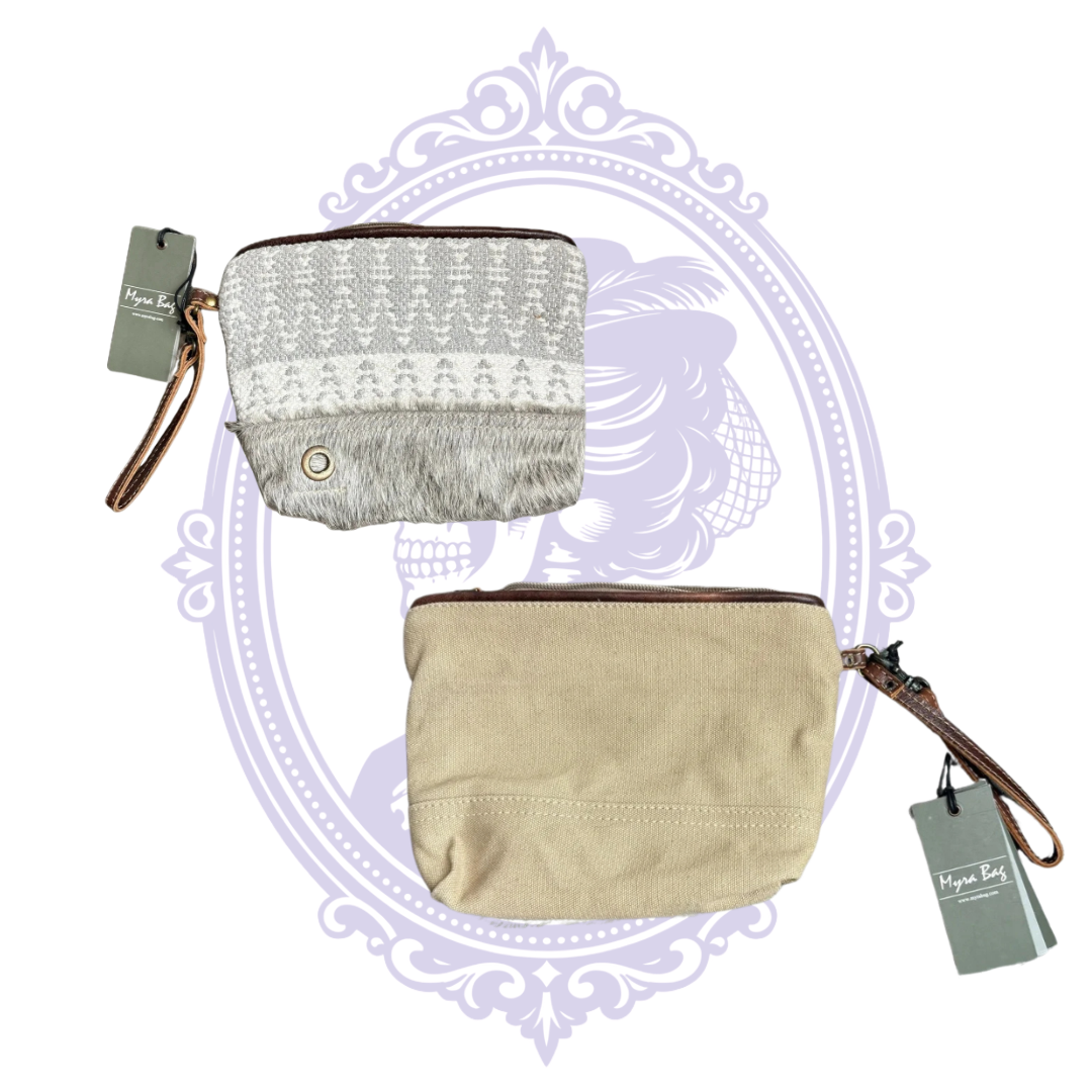 Front and back views of the Myra Pasty Pouch S-1604 showing its gray Nordic-patterned cowhide front and tan canvas reverse.