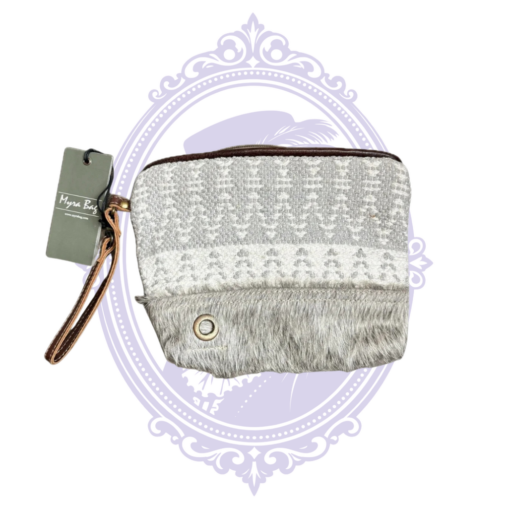 Myra Bag Pasty Pouch S-1604 wristlet clutch, new with tags, featuring gray Nordic woven fabric, hair-on-hide trim, and brown wrist strap.