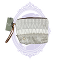 Myra Bag Pasty Pouch S-1604 wristlet clutch, new with tags, featuring gray Nordic woven fabric, hair-on-hide trim, and brown wrist strap.