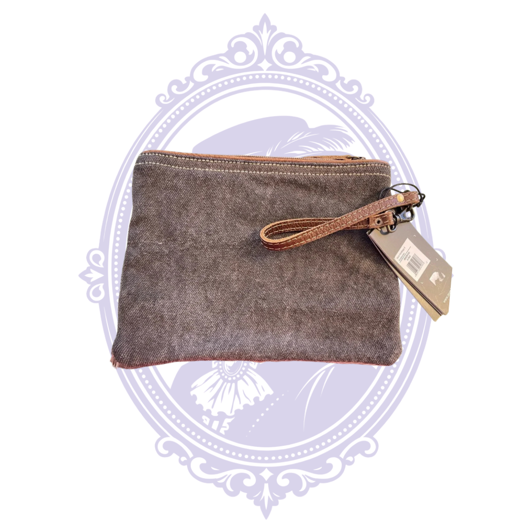 Back of Myra Reinvention Pouch in charcoal gray canvas with original tags