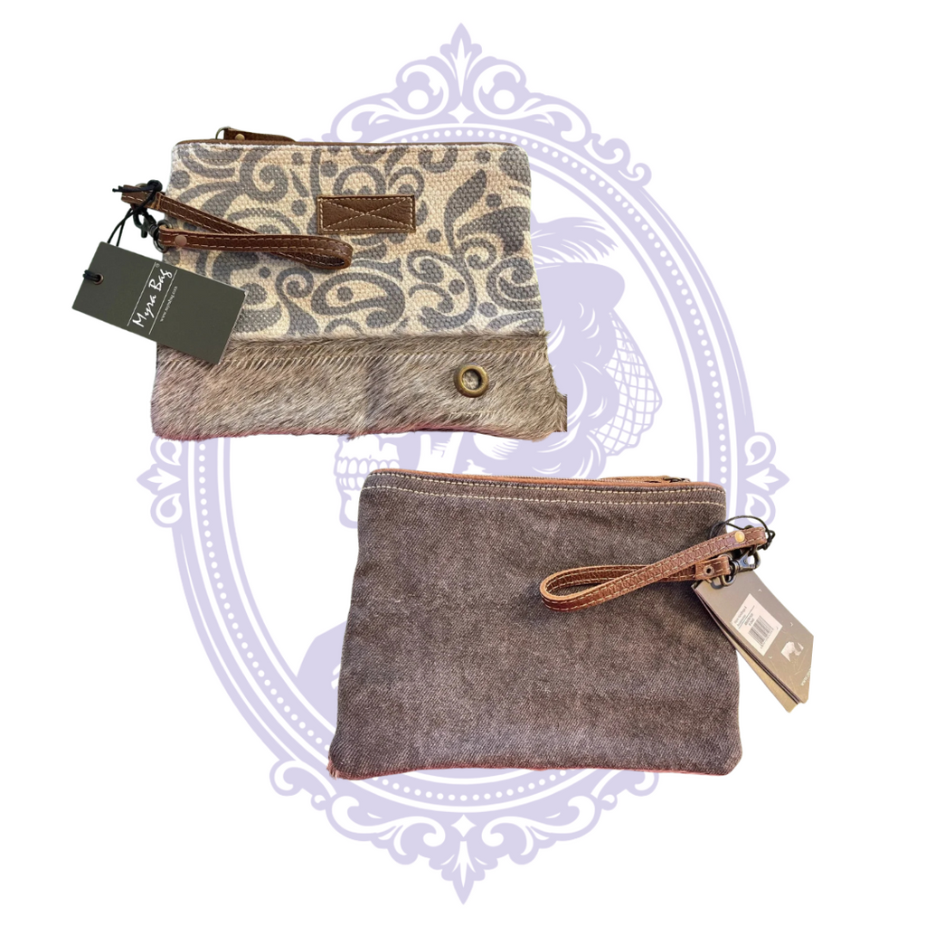 Front and back views of Myra Reinvention Pouch with leather wrist strap