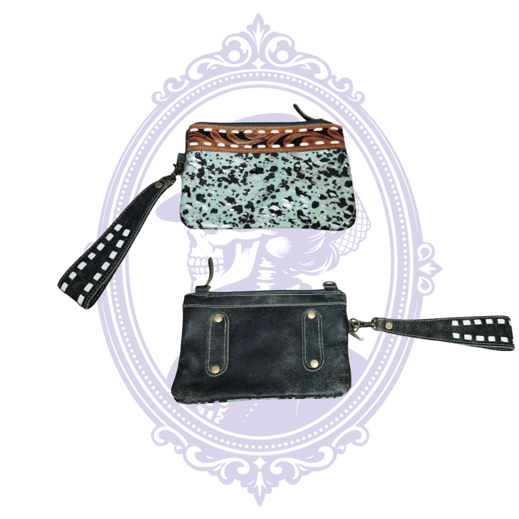 Front and back of Myra teal cowhide wristlet