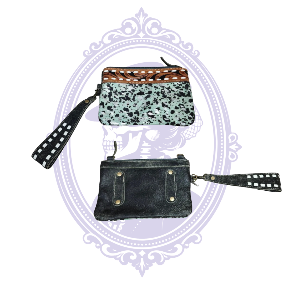 Front and back of Myra teal cowhide wristlet