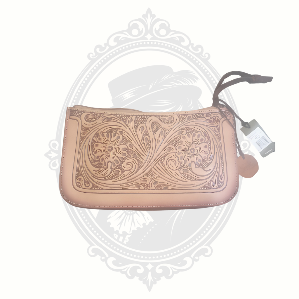 Myra leather wallet with detailed floral tooled leather design on back panel