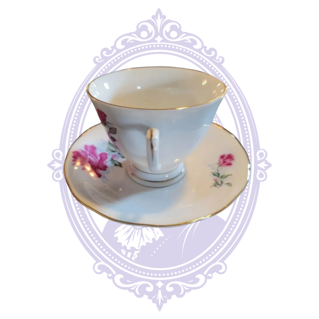 Nanjing pink rose teacup and saucer viewed from reverse side