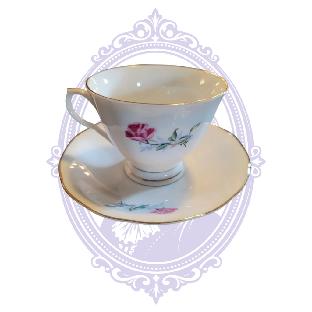 Side view of Nanjing floral teacup and matching saucer