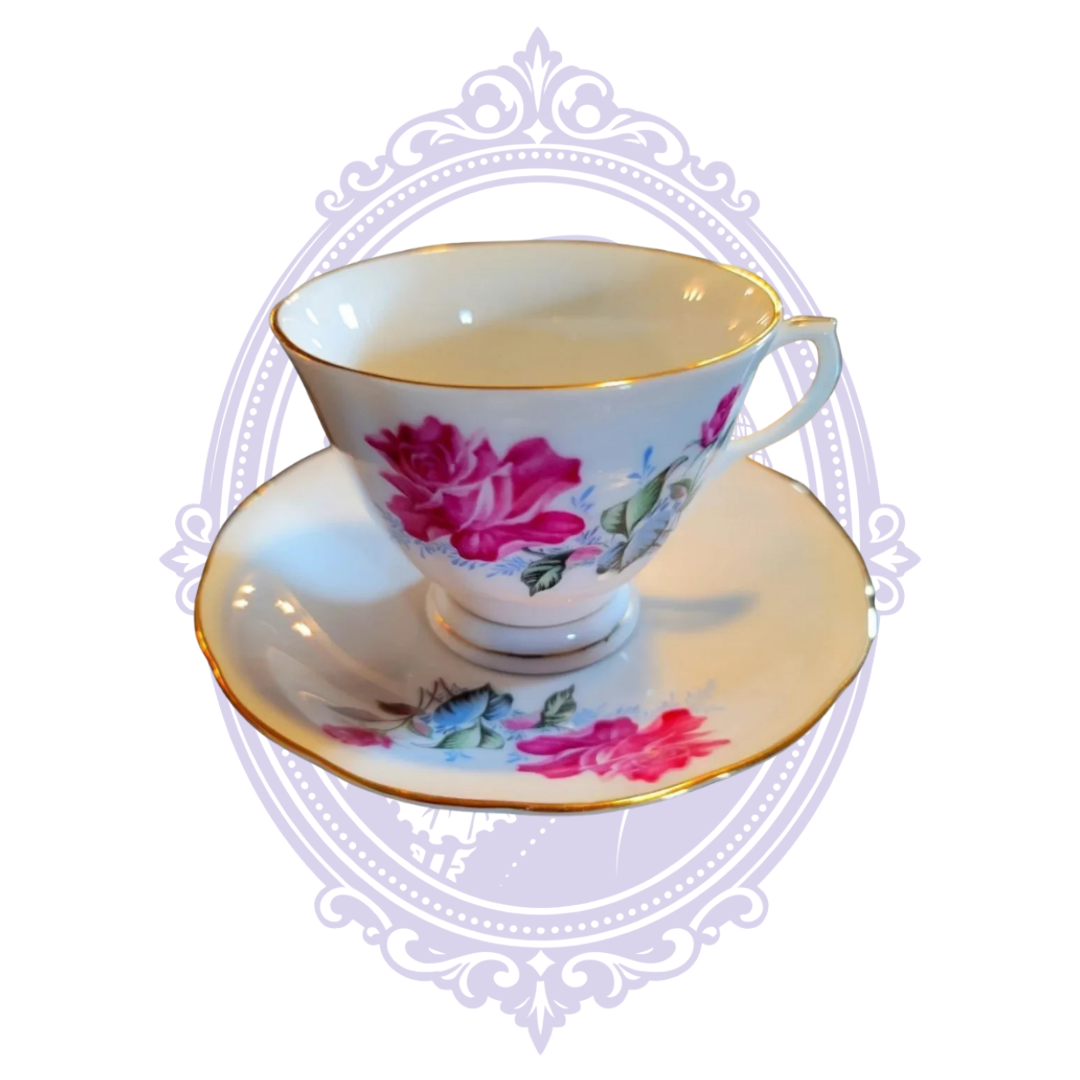 Nanjing Pagoda china pink rose teacup and saucer angled view