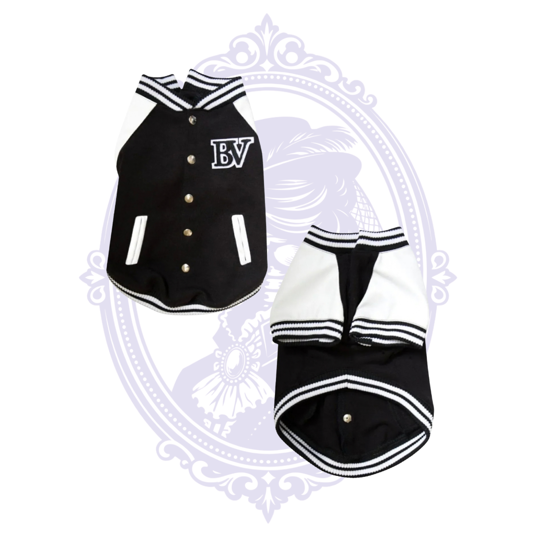 Front and back of varsity-style dog jacket