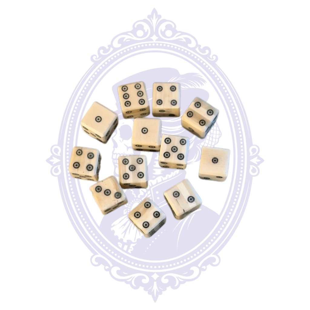 Actual batch of twelve handcrafted water buffalo bone dice available from Mrs. Bones Curio Cupboard.