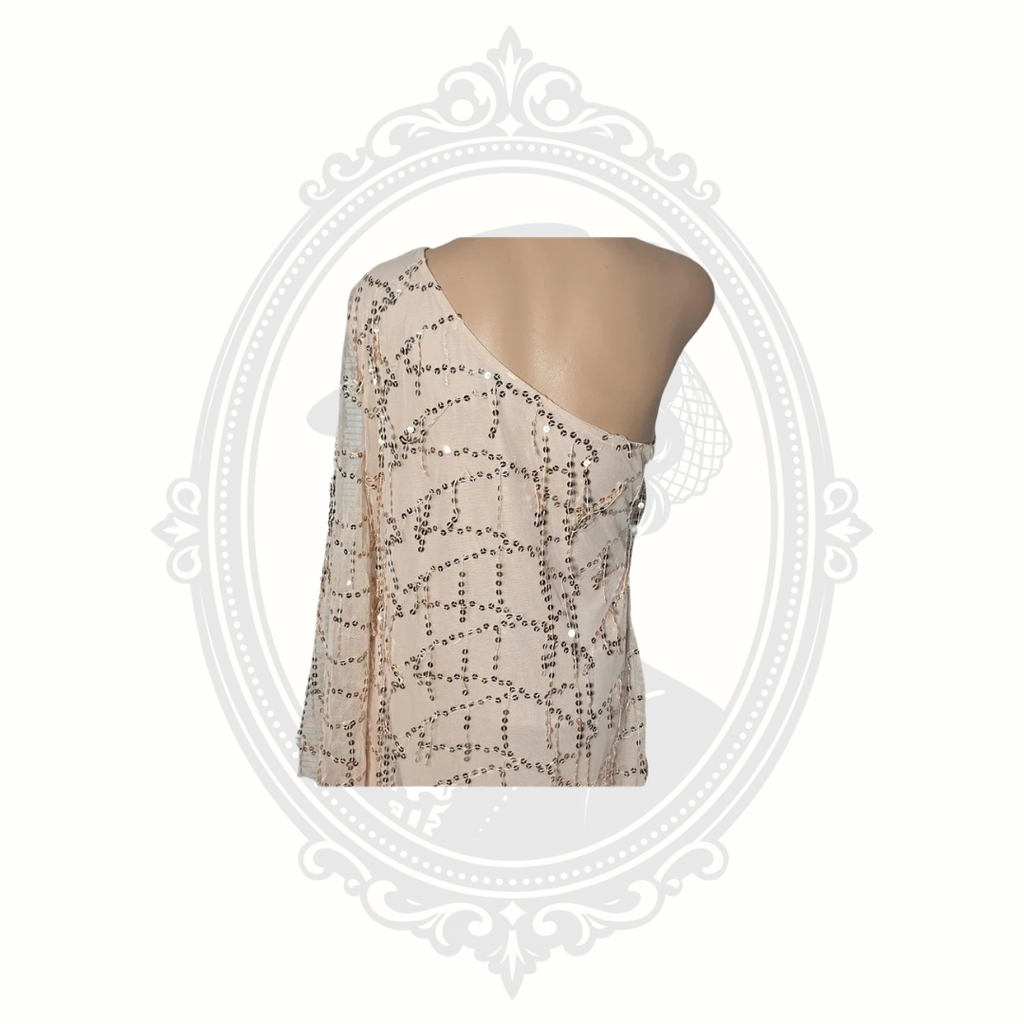 Women's XL One Shoulder Sequin Fringe Dress Nude Champagne Glam Party Festival