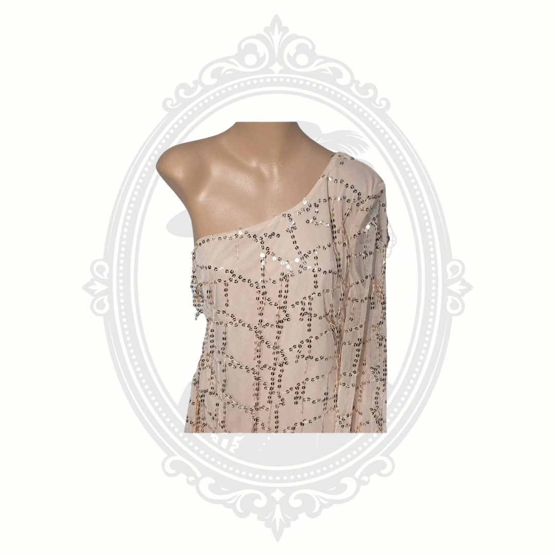 Women's XL One Shoulder Sequin Fringe Dress Nude Champagne Glam Party Festival