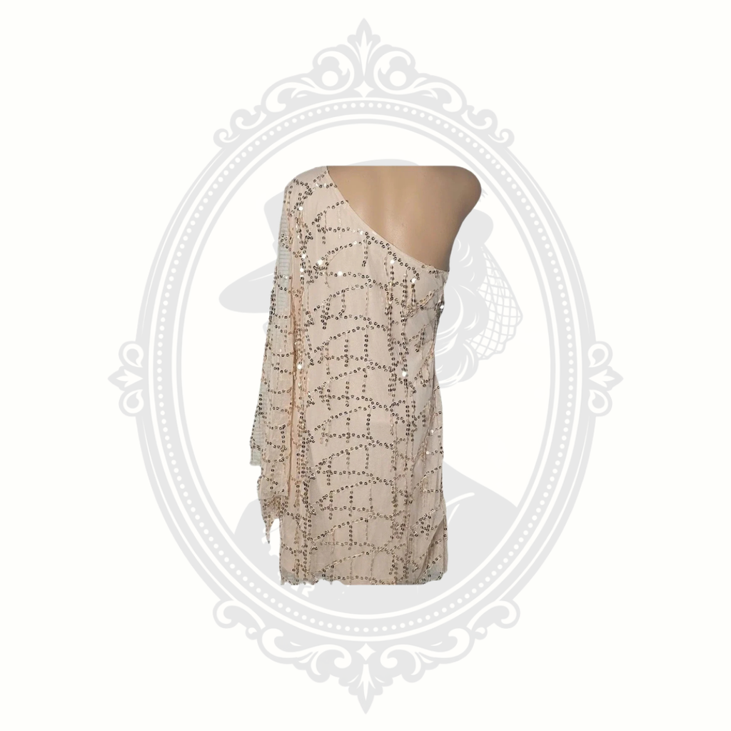 Women's XL One Shoulder Sequin Fringe Dress Nude Champagne Glam Party Festival