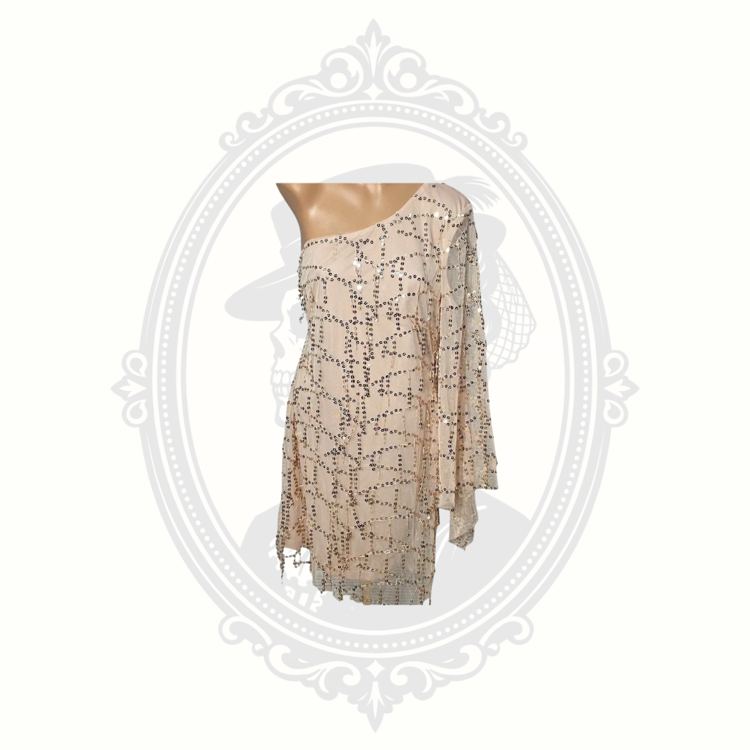 Women's XL One Shoulder Sequin Fringe Dress Nude Champagne Glam Party Festival