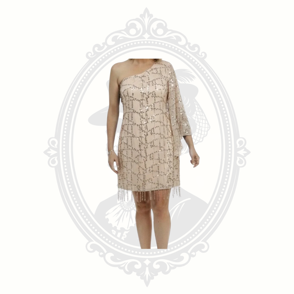 Women's XL One Shoulder Sequin Fringe Dress Nude Champagne Glam Party Festival