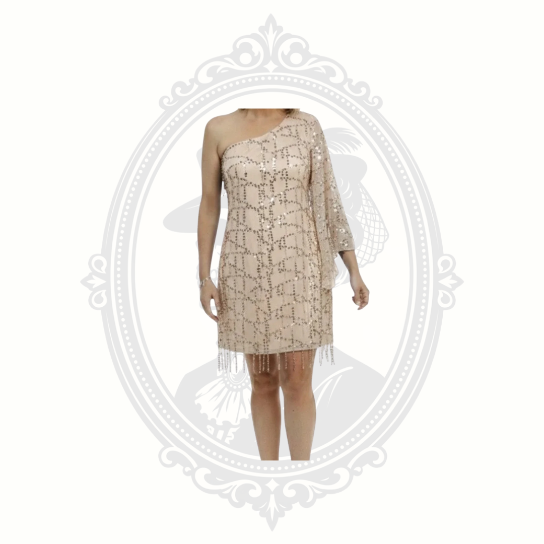 Women's XL One Shoulder Sequin Fringe Dress Nude Champagne Glam Party Festival
