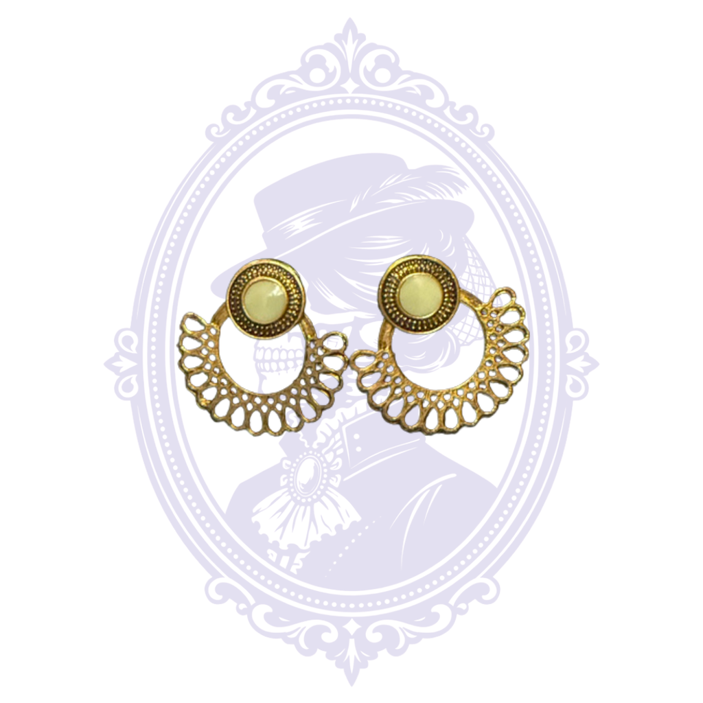 Gold-Tone Filigree Fan Drop Earrings with Pale Green Cabochons