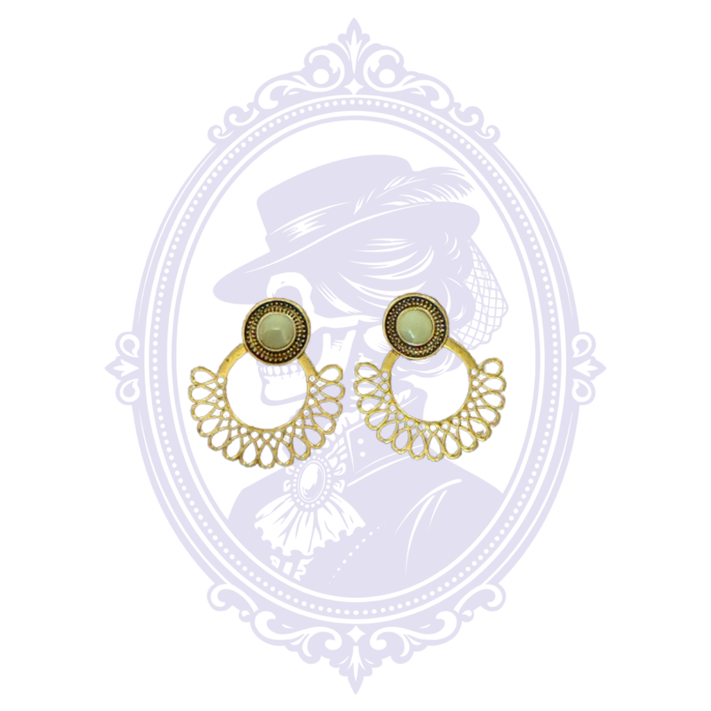 Gold-Tone Filigree Fan Drop Earrings with Pale Green Cabochons