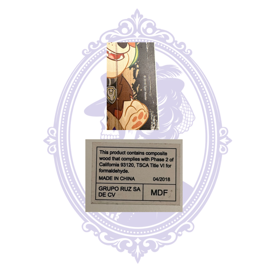 2018 Spin Master copyright and MDF material manufacturer label