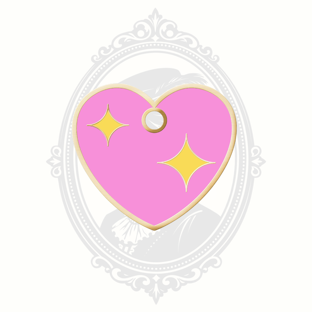 Pink heart-shaped novelty pet tag with yellow sparkle details and gold-tone trim.