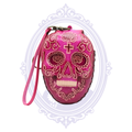 Pink leather sugar skull coin purse with decorative floral skull design and detachable wrist strap.